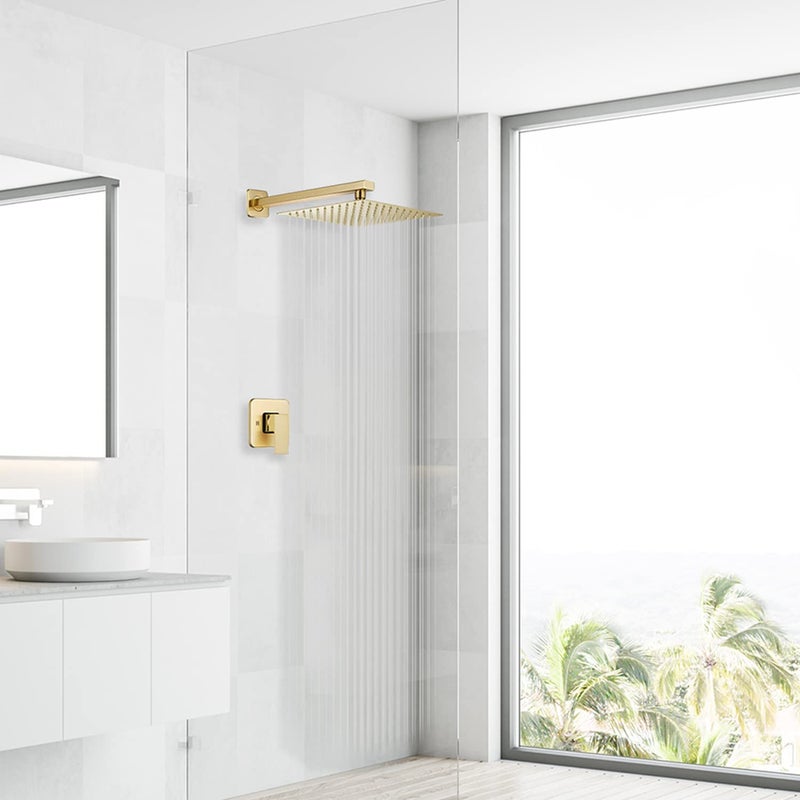 GGStudy Brushed Gold Shower Faucet GGStudy Single Function Shower Trim Kit with Rough-in Valve Shower Set Bath Rainfall Shower Faucet System 10 inch Square Stainless Steel Metal Shower Head - Image 2