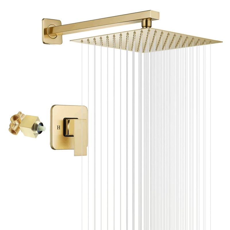 GGStudy Brushed Gold Shower Faucet GGStudy Single Function Shower Trim Kit with Rough-in Valve Shower Set Bath Rainfall Shower Faucet System 10 inch Square Stainless Steel Metal Shower Head - Image 1