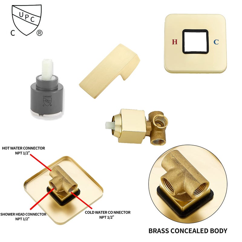 GGStudy Brushed Gold Shower Faucet GGStudy Single Function Shower Trim Kit with Rough-in Valve Shower Set Bath Rainfall Shower Faucet System 10 inch Square Stainless Steel Metal Shower Head - Image 4