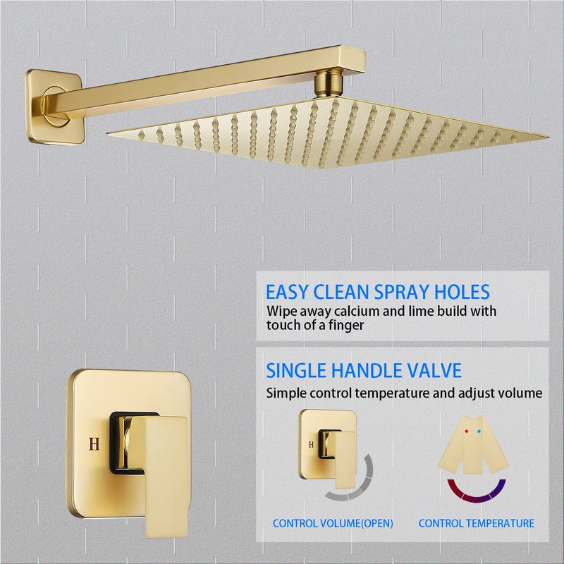 GGStudy Brushed Gold Shower Faucet GGStudy Single Function Shower Trim Kit with Rough-in Valve Shower Set Bath Rainfall Shower Faucet System 10 inch Square Stainless Steel Metal Shower Head - Image 3
