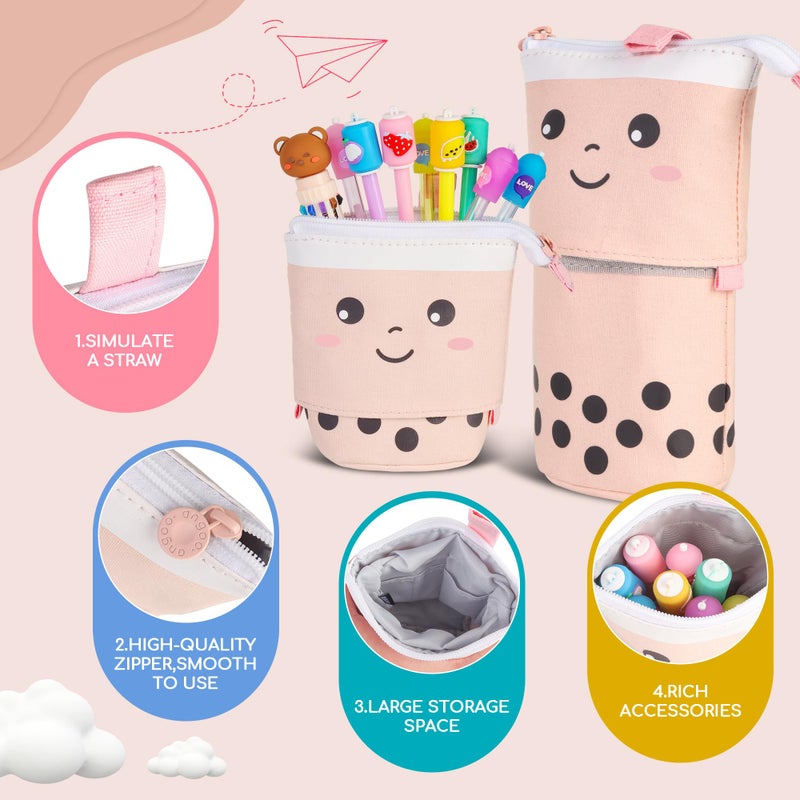 Primo Lines Bubble Tea Stationery Set, 61 PCS Kawaii School Supplies & Boba Pencil Case for Girls, with 8 Pens, 50 Stickers, Pop Up Pencil Bag Gift for Teens - Image 3