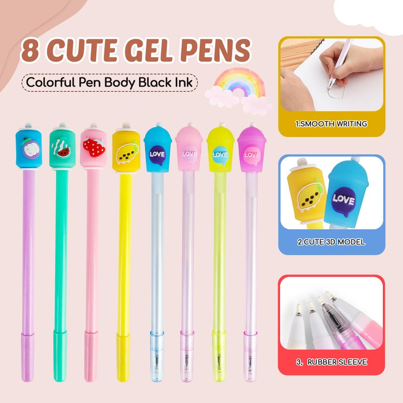 Primo Lines Bubble Tea Stationery Set, 61 PCS Kawaii School Supplies & Boba Pencil Case for Girls, with 8 Pens, 50 Stickers, Pop Up Pencil Bag Gift for Teens - Image 4