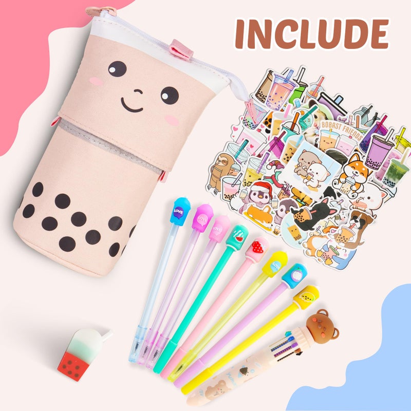 Primo Lines Bubble Tea Stationery Set, 61 PCS Kawaii School Supplies & Boba Pencil Case for Girls, with 8 Pens, 50 Stickers, Pop Up Pencil Bag Gift for Teens - Image 2