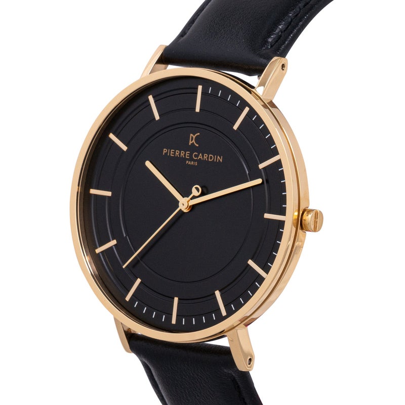 PIERRE CARDIN CBN.3035 - LUXE BLACK DIAL MEN'S WATCH WITH GOLD CASE & LEATHER BAND - Image 2