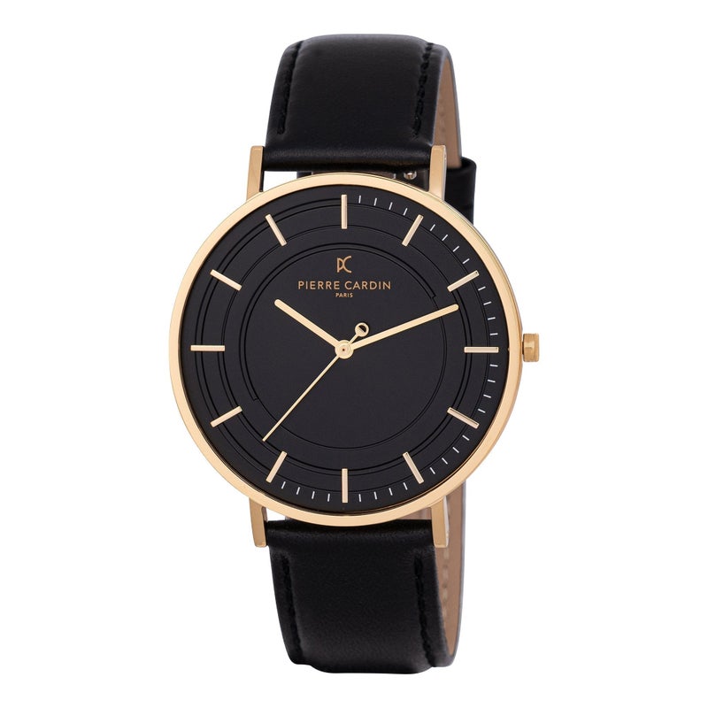 PIERRE CARDIN CBN.3035 - LUXE BLACK DIAL MEN'S WATCH WITH GOLD CASE & LEATHER BAND - Image 1