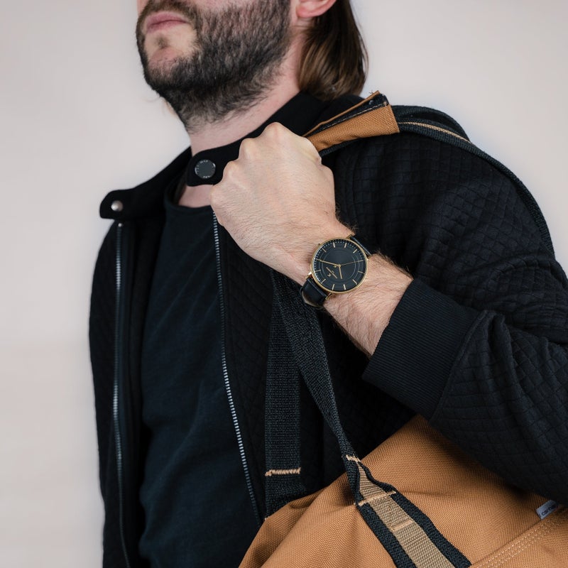 PIERRE CARDIN CBN.3035 - LUXE BLACK DIAL MEN'S WATCH WITH GOLD CASE & LEATHER BAND - Image 3