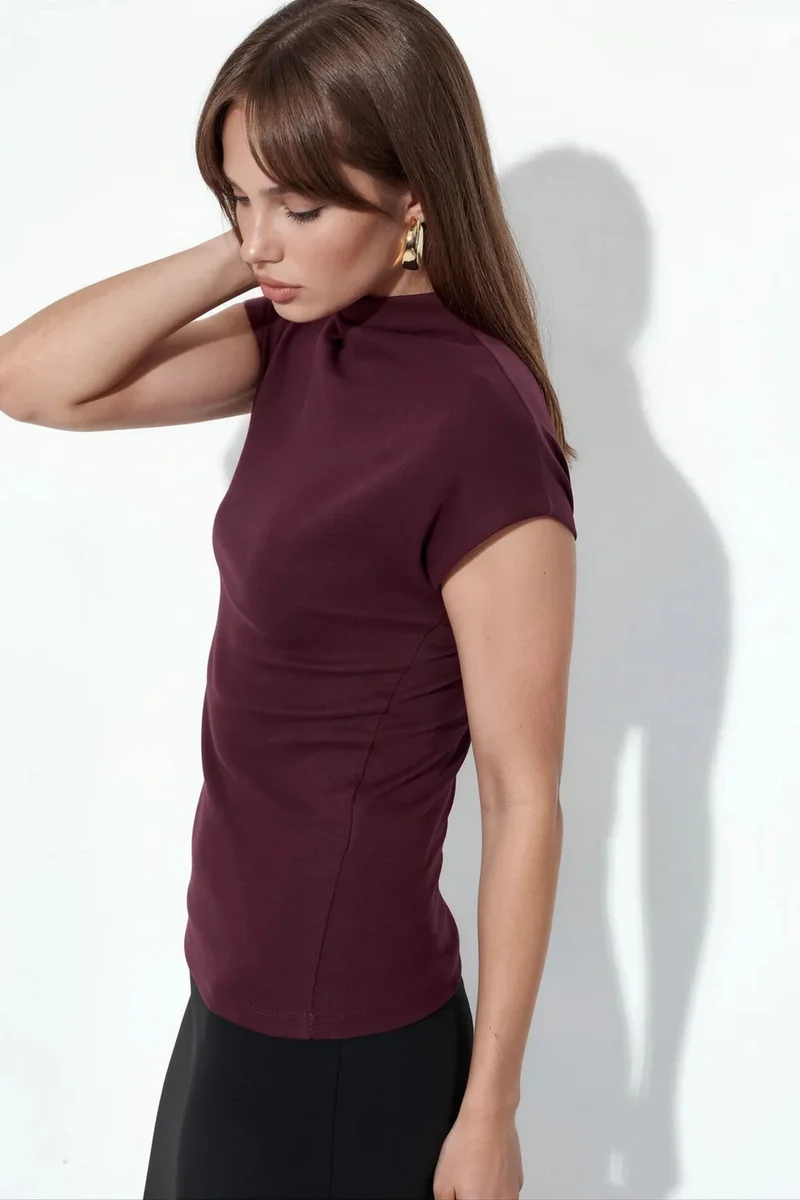 بوسيم Fitted Mock Neck Cap Sleeve Knitted Blouse