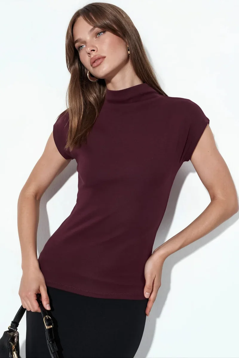 Fitted Mock Neck Cap Sleeve Knitted Blouse