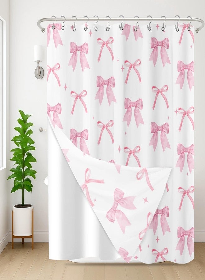Nesphy Shower Curtain and Liner Set, Cute Pink Bow Modren Shower Curtain and Liner with Double-Sided Stainless Steel Hooks, 3-in-1 Waterproof Fabric for Bathroom, 72x72 Inch - Image 1