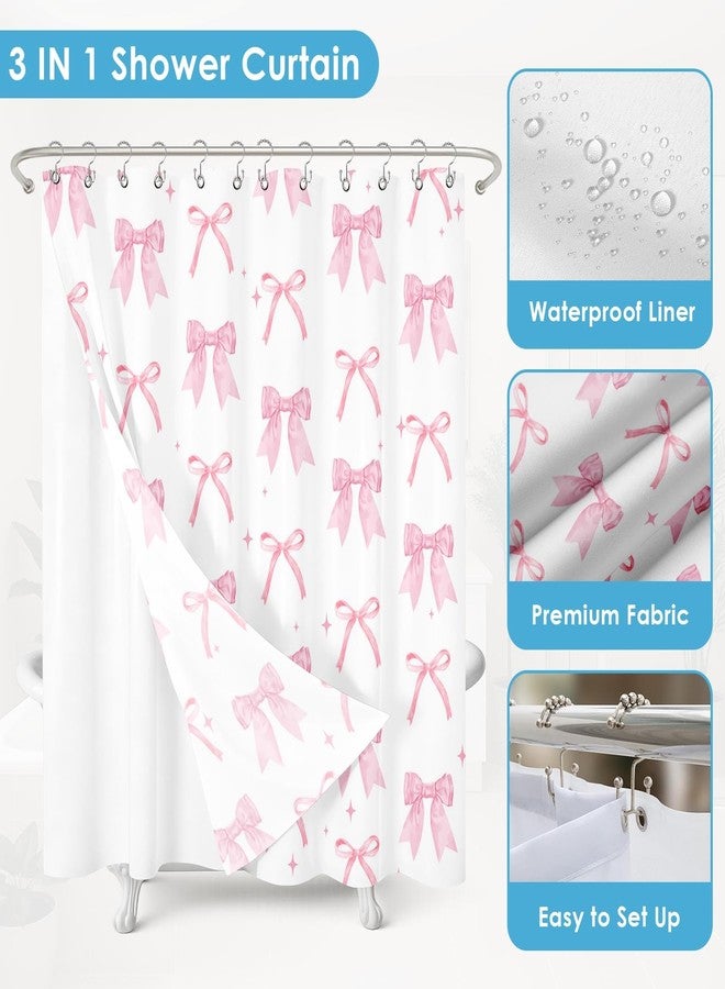 Nesphy Shower Curtain and Liner Set, Cute Pink Bow Modren Shower Curtain and Liner with Double-Sided Stainless Steel Hooks, 3-in-1 Waterproof Fabric for Bathroom, 72x72 Inch - Image 5