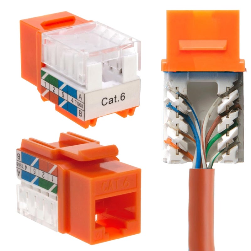 SATMAXIMUM 50 Pack Cat6 Keystone Ethernet Wall Jacks RJ45 Punch Down Slim Profile UTP Orange 45 Degree for Patch Panel Wall Plate Supports Up to 10Gbps