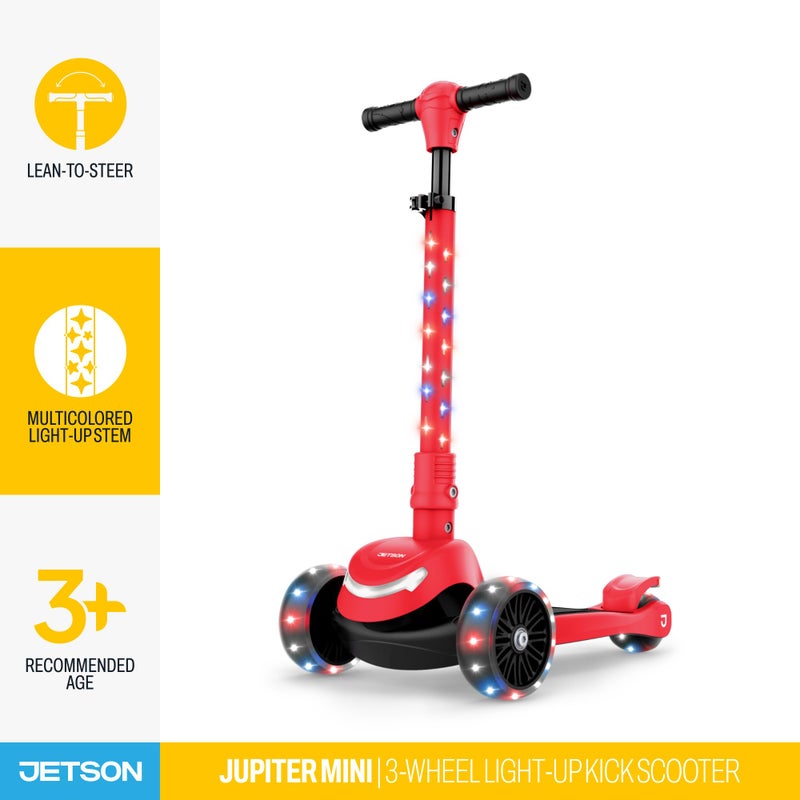 Jetson Scooters - Jupiter Mini 3 Wheel Kick Scooter (Red) - Collapsible Portable Kids Three Wheel Push Scooter - Lightweight Folding Design with High Visibility RGB Light Up LEDs on Stem and Wheels - Image 2