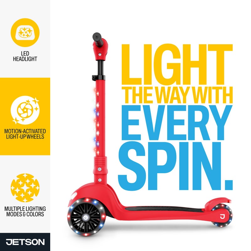 Jetson Scooters - Jupiter Mini 3 Wheel Kick Scooter (Red) - Collapsible Portable Kids Three Wheel Push Scooter - Lightweight Folding Design with High Visibility RGB Light Up LEDs on Stem and Wheels - Image 4