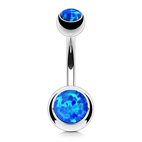 FIFTH CUE Opal Set Double Jeweled 316L Surgical Steel Naval Belly Button Ring (Opal Blue) - Image 1