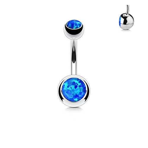 FIFTH CUE Opal Set Double Jeweled 316L Surgical Steel Naval Belly Button Ring (Opal Blue) - Image 2