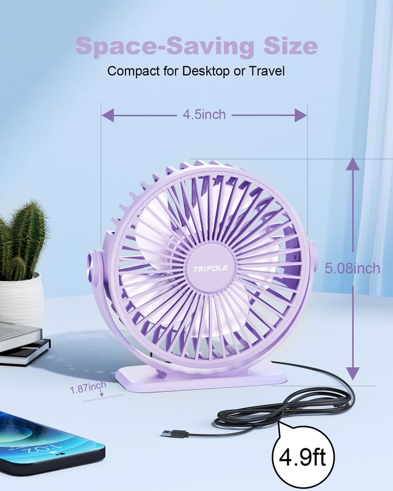 TriPole Desk Fan USB Powered Small Portable Fan, 3 Speeds Adjustable Strong Breeze Mini Personal Fan, 360Â° Rotation Quiet Plug In USB Fan for Desktop Bedroom Office Table Travel, Purple, 4.9ft Cable - Image 2