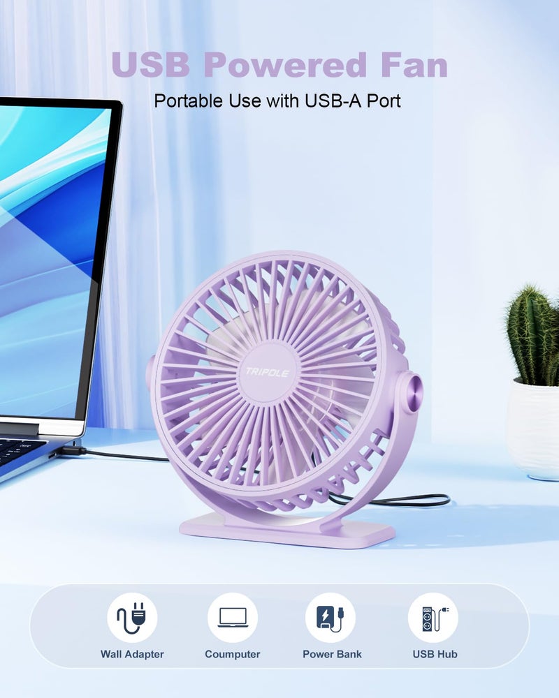 TriPole Desk Fan USB Powered Small Portable Fan, 3 Speeds Adjustable Strong Breeze Mini Personal Fan, 360Â° Rotation Quiet Plug In USB Fan for Desktop Bedroom Office Table Travel, Purple, 4.9ft Cable - Image 5