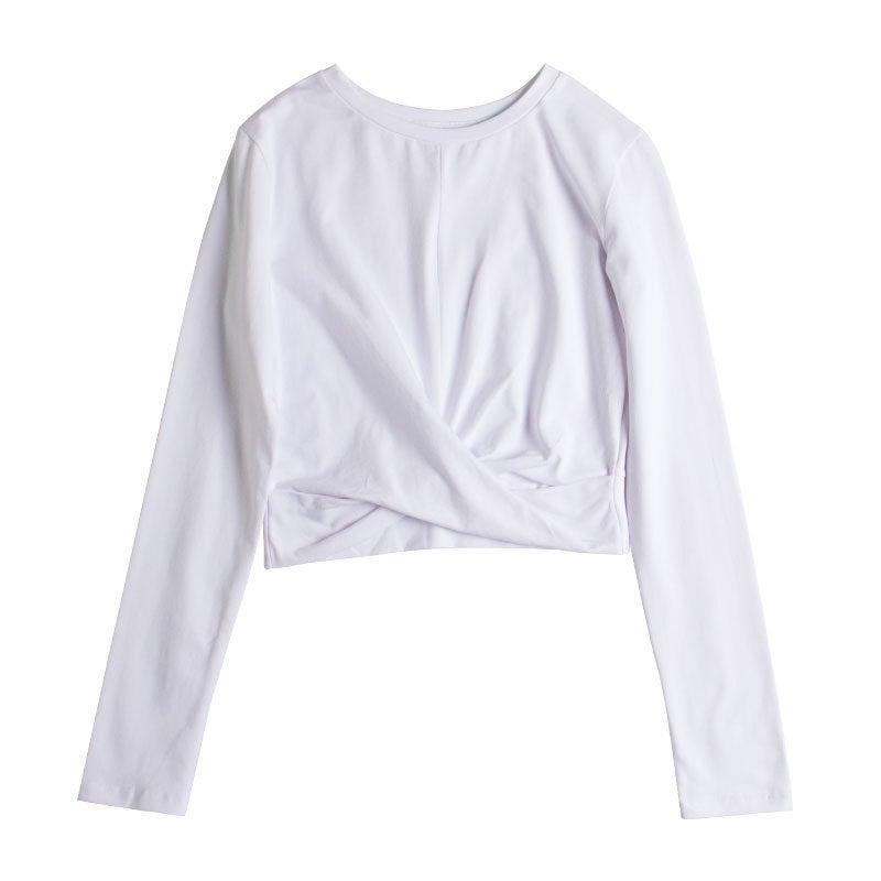 South Koreas new hem pleated navel round neck long sleeve stitching white high waist base shirt a generation of 246 White 