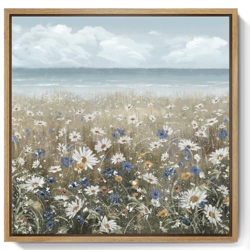 amatop Framed Wall Art Bathroom Décor Boho Beach Coastal Vintage Floral Wall Picture Flower Daisy Flowers by Sea Canvas Print Nautical Small Artwork For Home Farmhouse Living Room Bedroom Office - Image 1