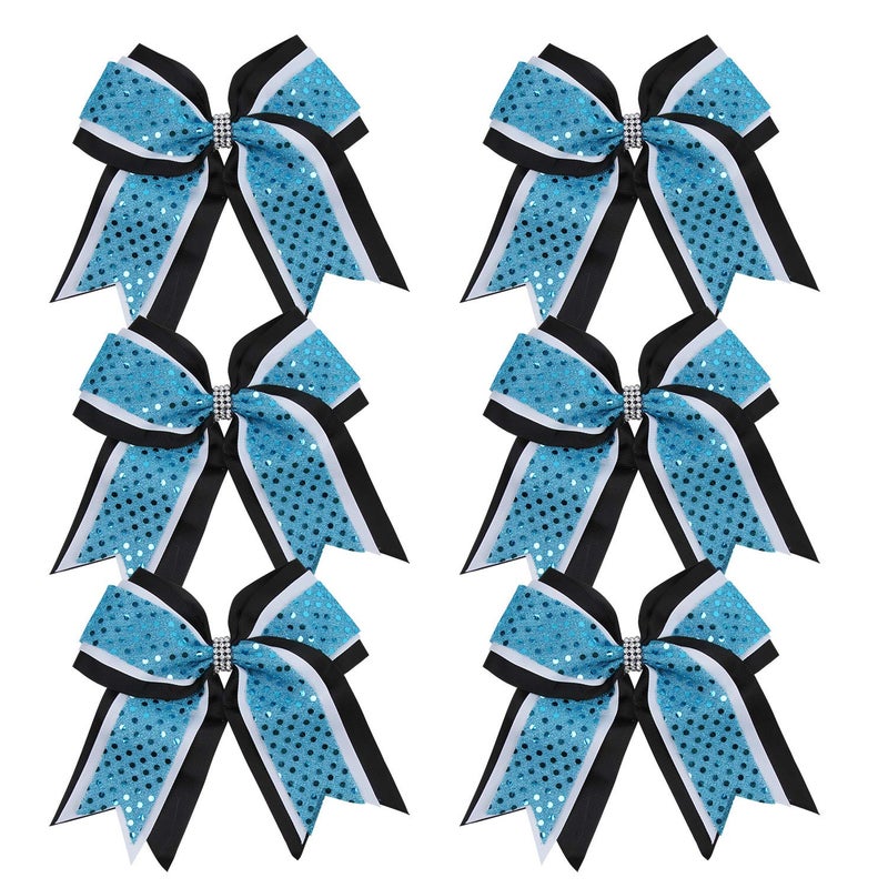 Cheerleader Bows 8 Inch 3 Layers 6 Pcs Ponytail Holder Jumbo Cheerleading Bows Hair Elastic Hair Tie for High School College BlackWhitelight bright blue