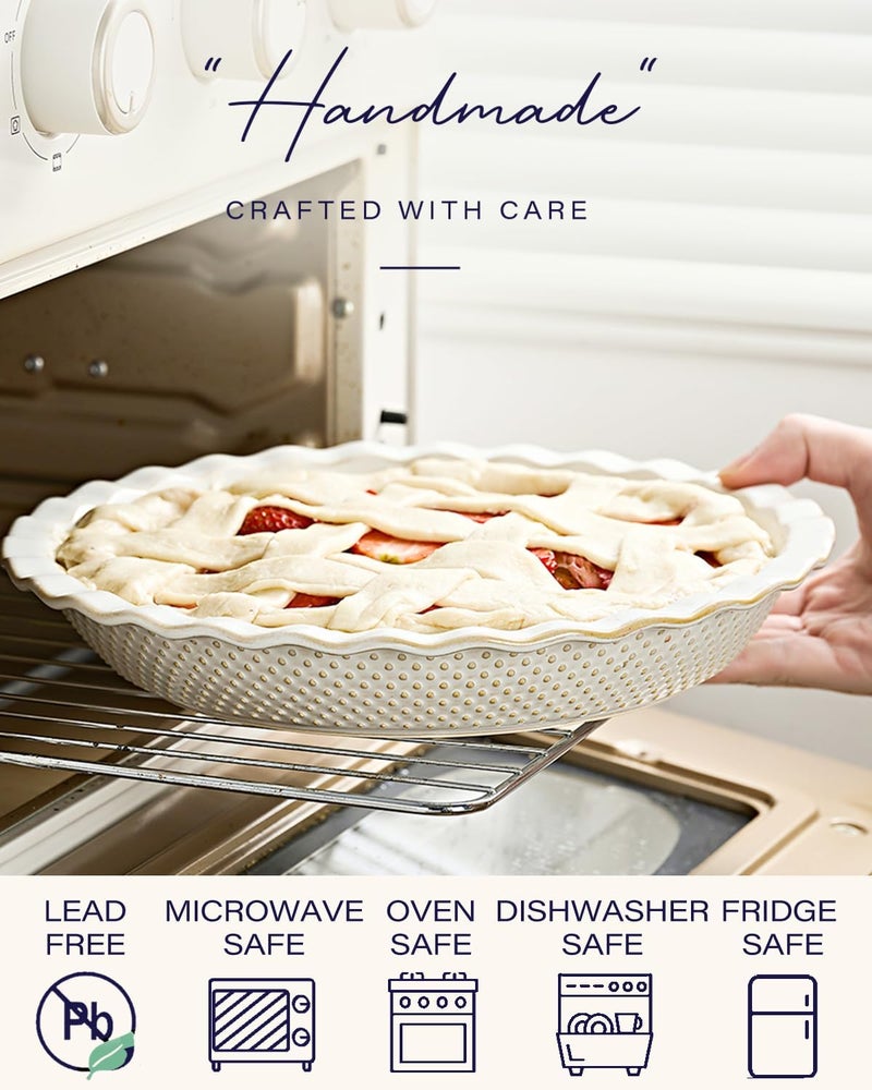GET STAR Ceramic Pie Pan, 9 inch Pie Dish for Baking, Non-Stick, Oven & Dishwasher Safe, Farmhouse Decor Quiche Baking Dish, Pie Plate, Deep Dish Pie Pan (Embossed Dots) - Image 4