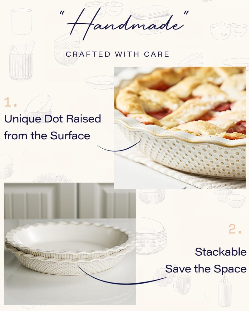 GET STAR Ceramic Pie Pan, 9 inch Pie Dish for Baking, Non-Stick, Oven & Dishwasher Safe, Farmhouse Decor Quiche Baking Dish, Pie Plate, Deep Dish Pie Pan (Embossed Dots) - Image 3