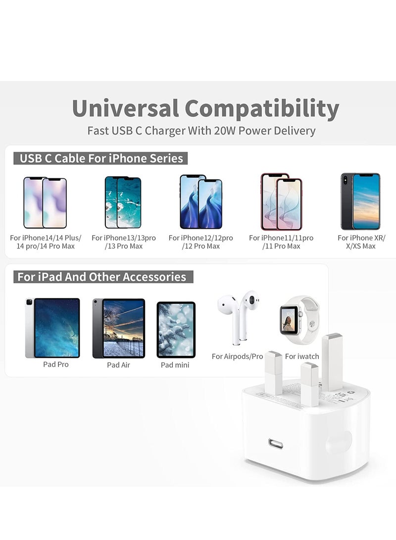 20W USB C Fast Charger With 2M Cable for iPhone 14/14 Plus/14 Pro/14 Pro Max/13 12 11 X XR XS SE 2020 8 7 6 6S Plus, Pad Pro, USBC PD Wall Charging Plug UK Type C Power Adapter and 6FT Cord - Image 5