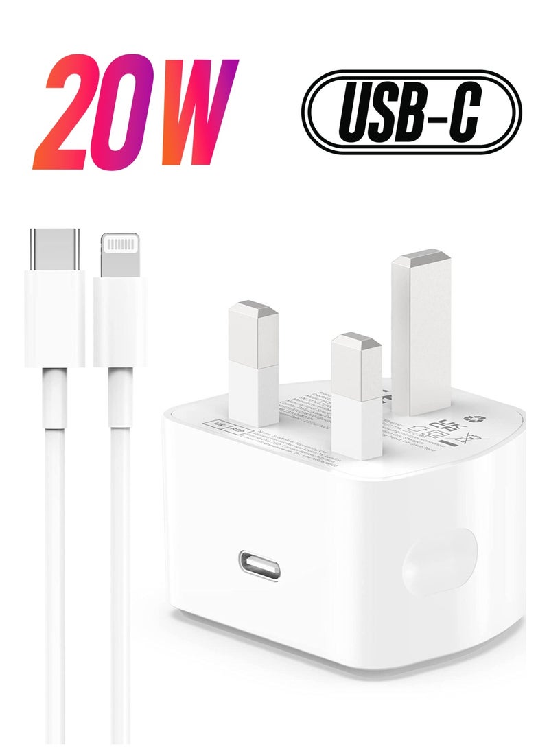 20W USB C Fast Charger With 2M Cable for iPhone 14/14 Plus/14 Pro/14 Pro Max/13 12 11 X XR XS SE 2020 8 7 6 6S Plus, Pad Pro, USBC PD Wall Charging Plug UK Type C Power Adapter and 6FT Cord - Image 1