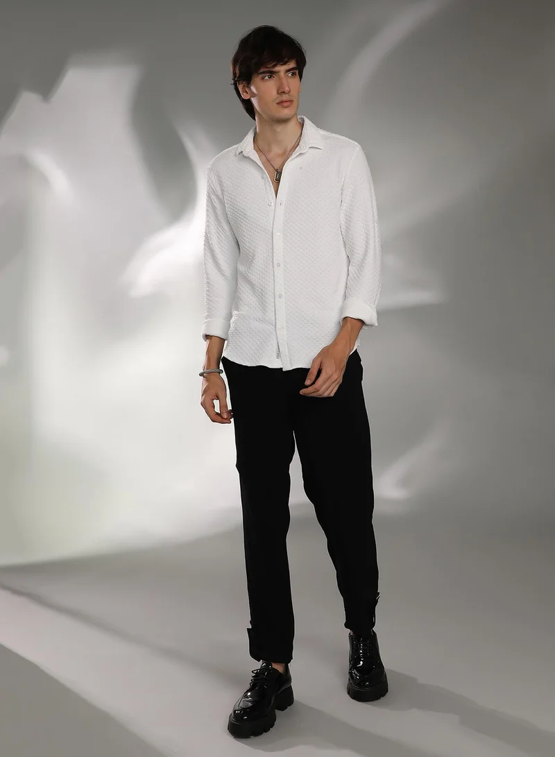 Campus Sutra Men's Daisy White Cubic-Textured Shirt