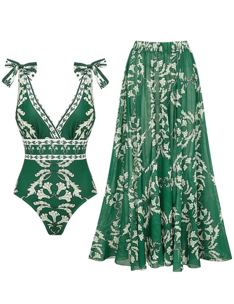 FLAXMAKER Blue and White Adjustable Shoulder Strip Plant Prints One Piece Swimsuit and Skirt/Sarong(Green #1,M) - Image 1