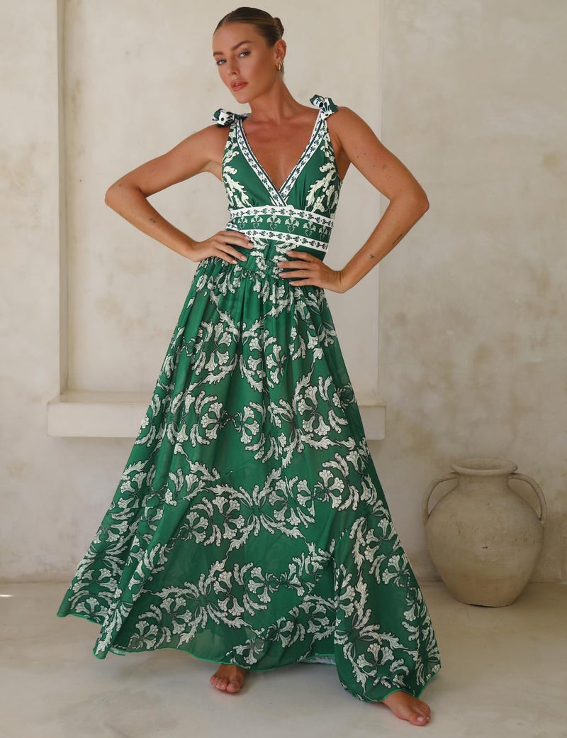 FLAXMAKER Blue and White Adjustable Shoulder Strip Plant Prints One Piece Swimsuit and Skirt/Sarong(Green #1,M) - Image 4