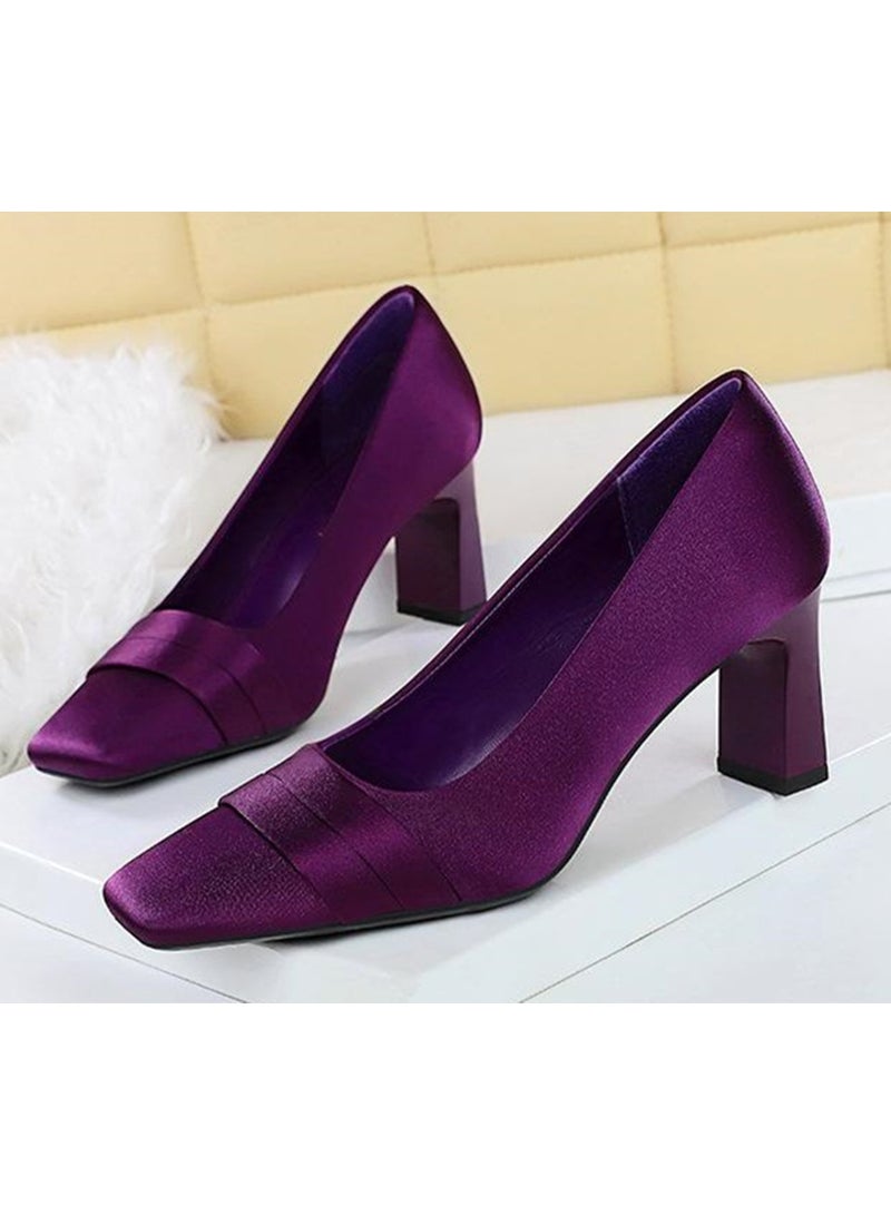 بيج تري المرأة الساتان سمنة عالية الكعب مربع مغلق إصبع القدم مضخات الأرجواني 7CM - Image 1