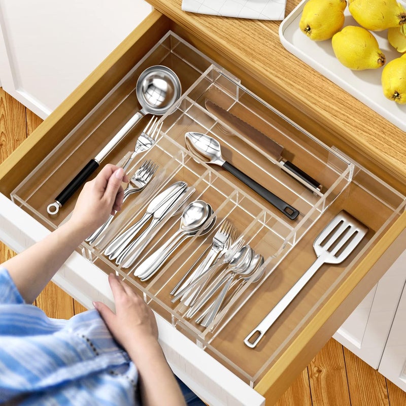 NIUBEE Acrylic Kitchen Drawer Organizer for Flatware and Utensils, Expandable Silverware Organizer and Cutlery Tray for Kitchen, Office,Bathroom Supplies, Clear 21" - Image 5