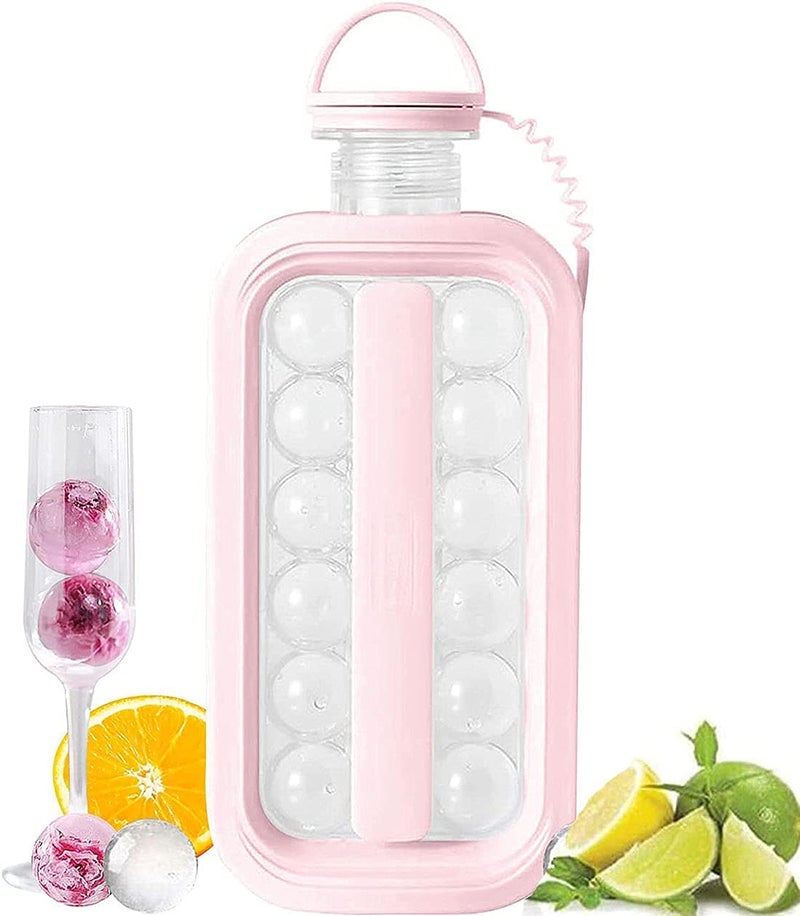 Ice Cube Molds Ice Cube Trays 2 in 1 Portable Ice Ball Maker Kettle Folding Bottle Easy to Make 17 Grids Flat Body Ice Ball for Home Party Orange Juice Water (Pink)