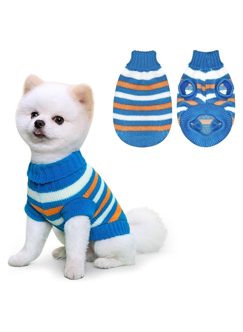 Dog Knitted Sweaters, Small Dog Jumper, Striped Dog Sweater, Warm Knitted Sweater Coat, Soft Puppy Jumper, Dog Winter Clothes, Cute Warm Dog Pullover for Small Dog and Cat (Small, Blue) - Image 1