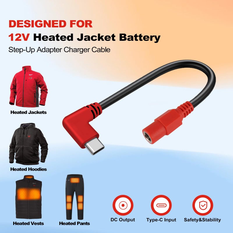 Smarkey 12V Type C Heated Jacket Battery Charger Cable, Step-Up Adapter Battery Cable for Milwaukee M12, Makita, Snap-on, Metabo, Craftsman, AEG Gear â€“ Type-C Step Up Charging for 12V Heated Jackets - Image 2
