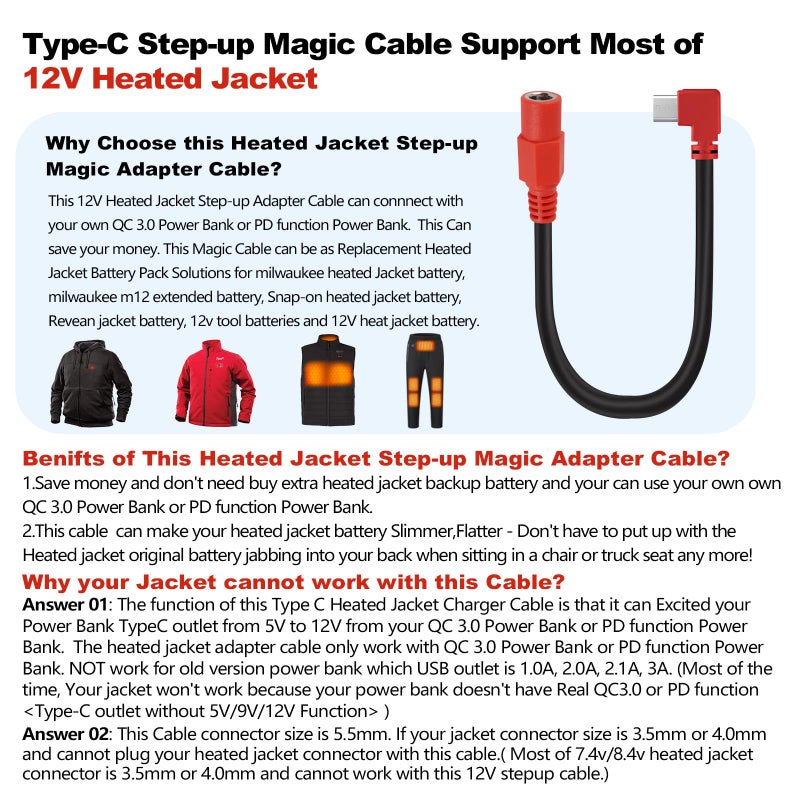 Smarkey 12V Type C Heated Jacket Battery Charger Cable, Step-Up Adapter Battery Cable for Milwaukee M12, Makita, Snap-on, Metabo, Craftsman, AEG Gear â€“ Type-C Step Up Charging for 12V Heated Jackets - Image 5