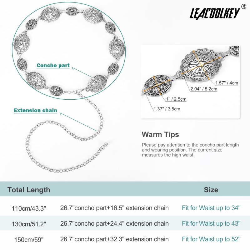 LEACOOLKEY Women Silver Western Concho Chain Belt Boho Metal Western Cowgirl Chain Belt for Dress Adjustable - Image 3