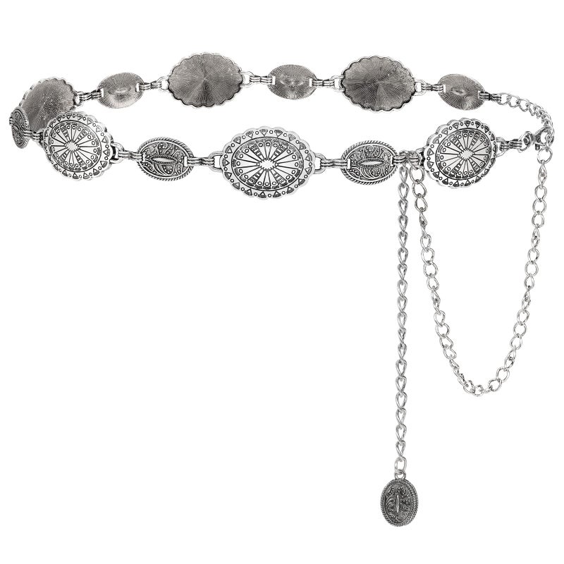 LEACOOLKEY Women Silver Western Concho Chain Belt Boho Metal Western Cowgirl Chain Belt for Dress Adjustable - Image 1