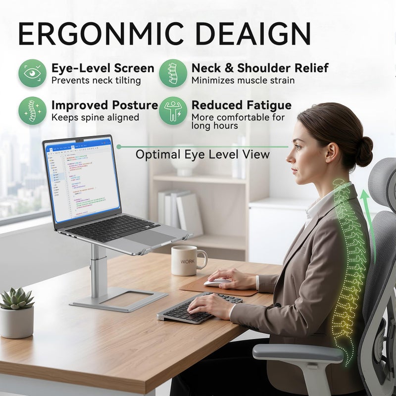 SOUNDANCE Adjustable Laptop Stand for Desk, Computer Stand, Ergonomic Laptop Riser Holder Compatible with 10 to 17.3 Inches Notebook PC Computer, Aluminum Silver - Image 2