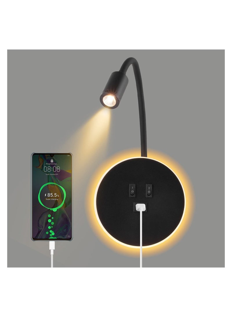 KASTWAVE Wall Reading Lamp, Wall Spotlight Bedside with Flexible Gooseneck Lamp, Bedside Wall Lamp with Switch and USB Por, Wall Sconce for Bedroom, Hallway, Stairs (Black) - Image 1