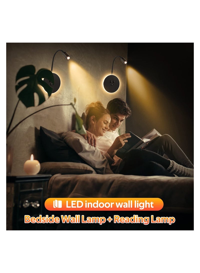 KASTWAVE Wall Reading Lamp, Wall Spotlight Bedside with Flexible Gooseneck Lamp, Bedside Wall Lamp with Switch and USB Por, Wall Sconce for Bedroom, Hallway, Stairs (Black) - Image 2