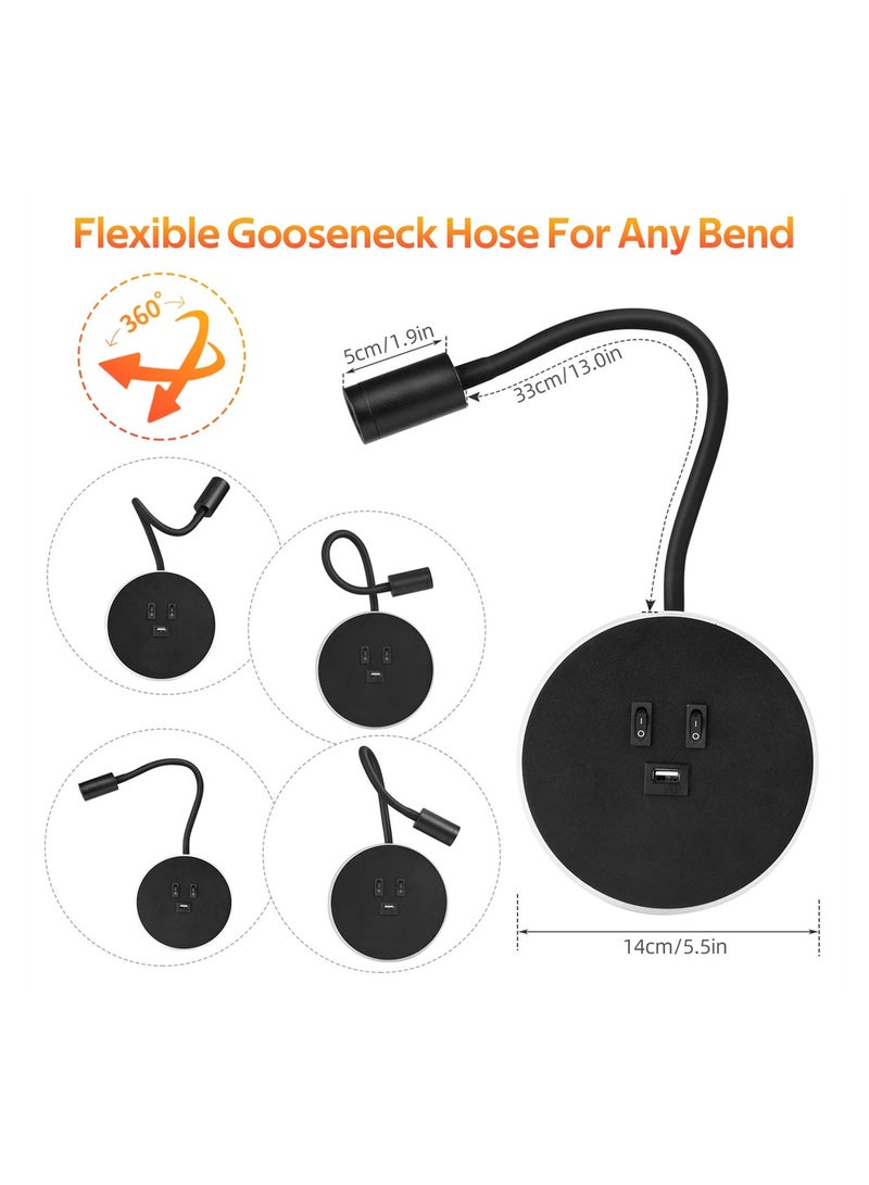 KASTWAVE Wall Reading Lamp, Wall Spotlight Bedside with Flexible Gooseneck Lamp, Bedside Wall Lamp with Switch and USB Por, Wall Sconce for Bedroom, Hallway, Stairs (Black) - Image 5