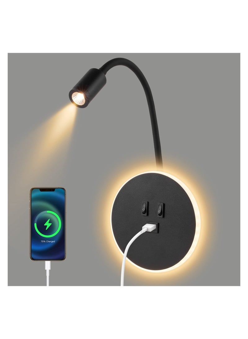 KASTWAVE Wall Reading Lamp, Wall Spotlight Bedside with Flexible Gooseneck Lamp, Bedside Wall Lamp with Switch and USB Por, Wall Sconce for Bedroom, Hallway, Stairs (Black) - Image 4