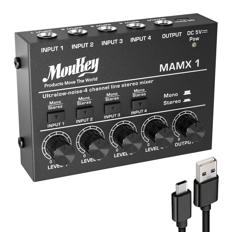 Moukey Mini Audio Mixer, DC 5V, 4 Stereo Ultra, Low Noise 4 Channel Line Mixer for Sub-Mixing, for Small Clubs or Bars, As Guitars, Bass, Keyboards Mixer, MAMX1 - Image 1