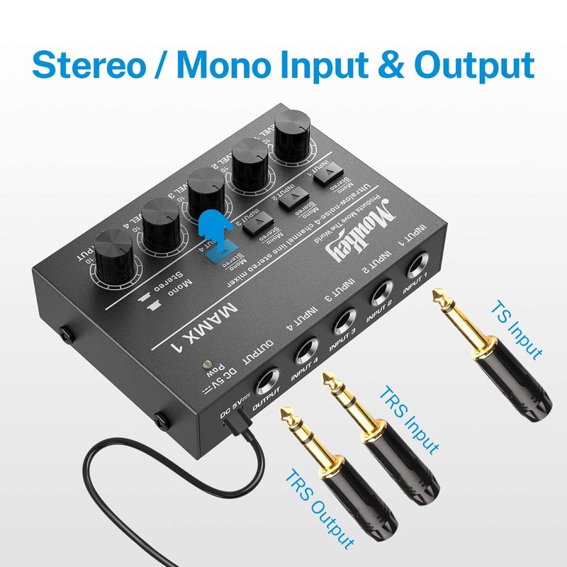Moukey Mini Audio Mixer, DC 5V, 4 Stereo Ultra, Low Noise 4 Channel Line Mixer for Sub-Mixing, for Small Clubs or Bars, As Guitars, Bass, Keyboards Mixer, MAMX1 - Image 2