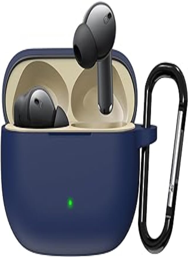 غطاء سماعة أذن Sounce متوافق مع Realme Buds T300، غطاء جلدي ناعم من السيليكون مع حافظة واقية ممتصة للصدمات مع سلسلة مفاتيح [ضوء LED أمامي مرئي] (أزرق)