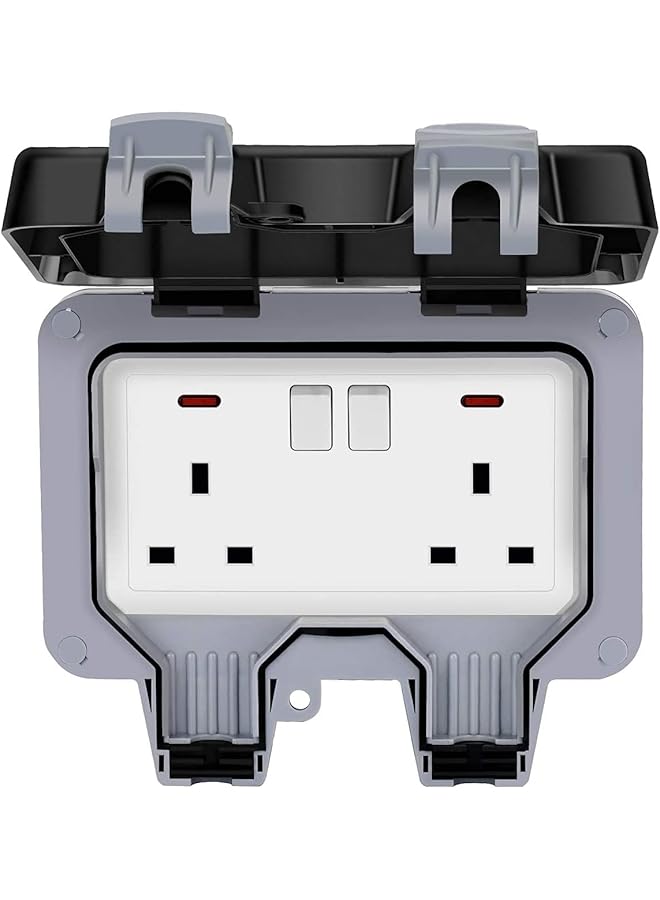 promass Outdoor Sockets Weatherproof, Wall Electrical Outlets, 13A IP66 Outside Plug sockets Waterproof Cover Switched Socket (Double Socket) - Image 1