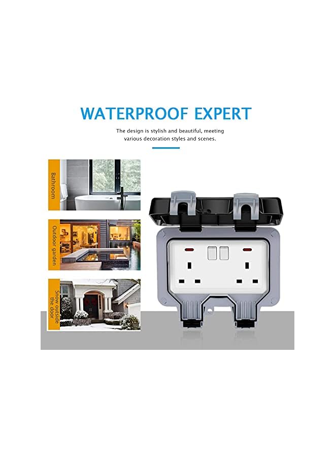 promass Outdoor Sockets Weatherproof, Wall Electrical Outlets, 13A IP66 Outside Plug sockets Waterproof Cover Switched Socket (Double Socket) - Image 3