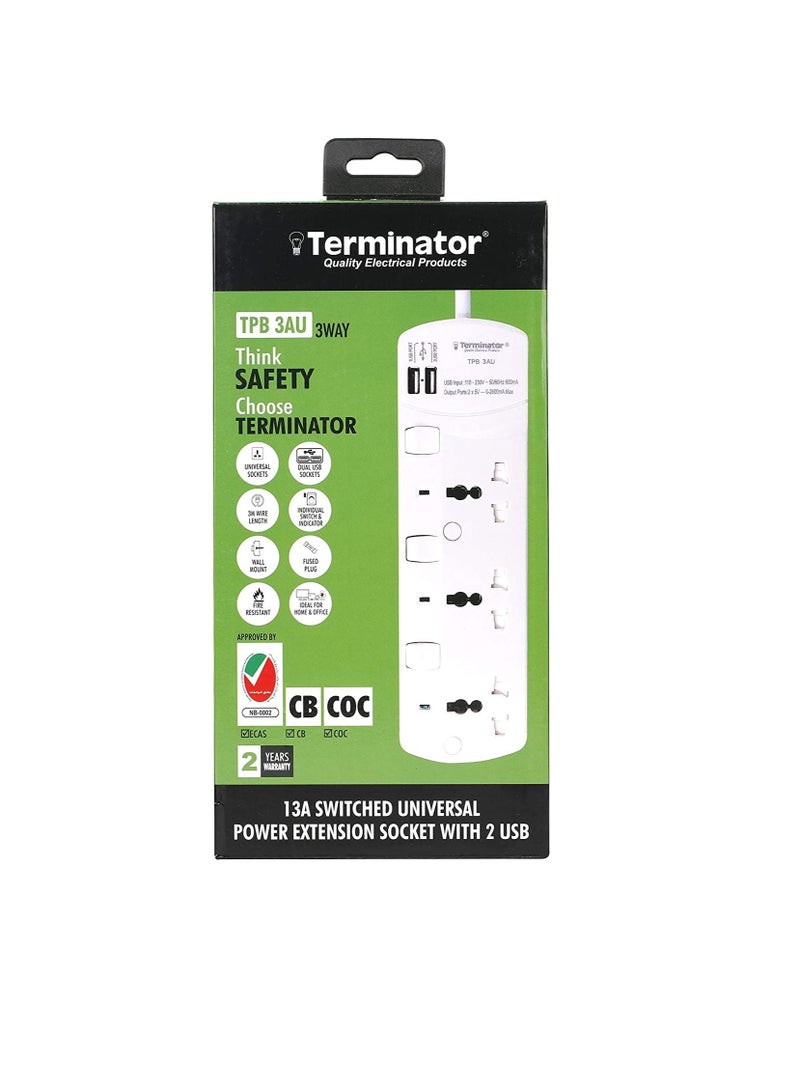 Terminator Extension 3G/3M +2 USB TPB 3AU Universal Socket With Individual Switches & Indicators Terminator Multicolor TRZ TPB 3AU Extension Socket  - Image 1